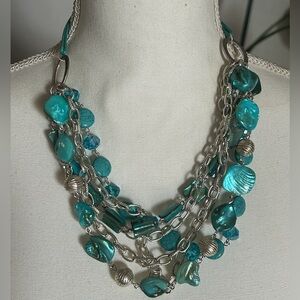 Vintage Silver & Teal Dyed Shell Multi-Strand Bib Necklace